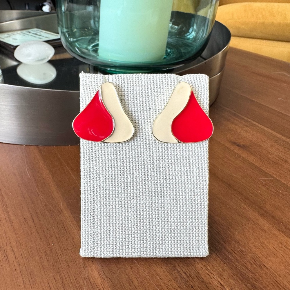 Vintage Red and Cream Enamel Metal Earrings
